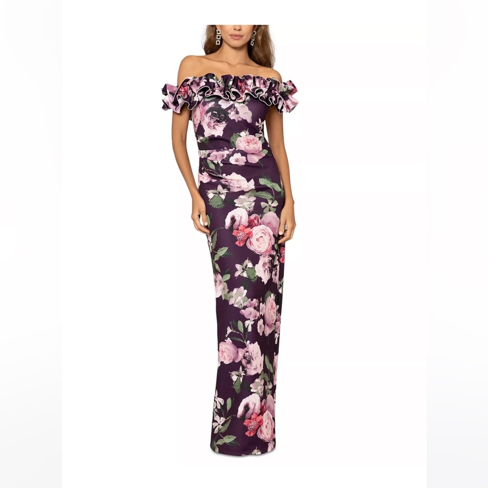 Petite Off-the shoulder ruffle neck floral evening gown
